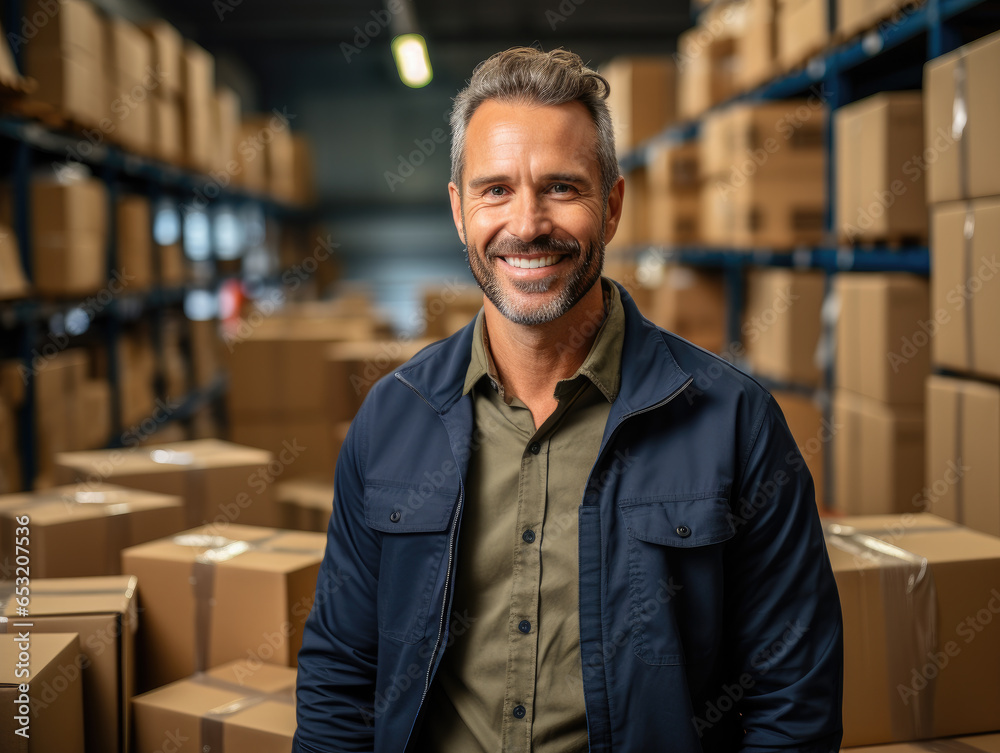 Fototapeta premium Positive happy middle-aged employee man in uniform smile look at camera posing against a lot of stacked cardboard boxes, parcels. Mature male worker standing in warehouse preparing goods for dispatch