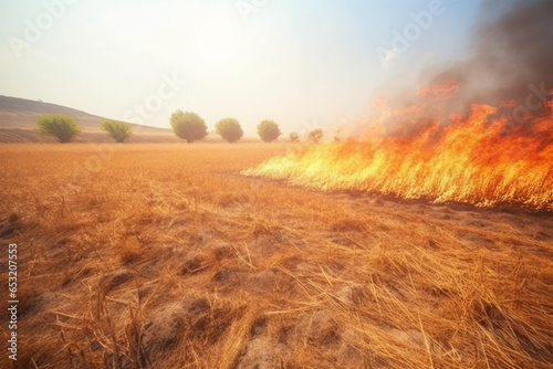 On a hot summer day, dry grass is burning on the field. burning field with dry grass