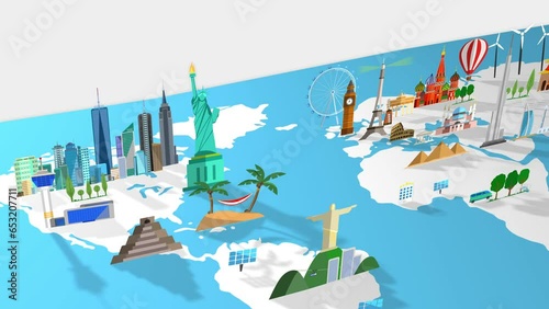 2d flat design motion graphics with famous international world monuments over a global travel world-map! All continents and landmarks! America, Europe, Asia, Africa, & Australia! Featured sights, airp