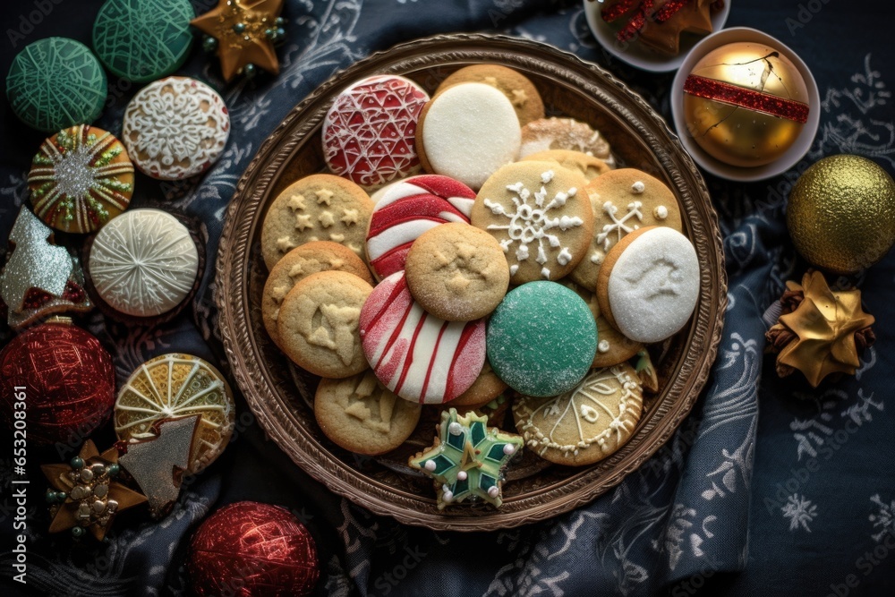 top view of an assortment of christmas cookies placed on countertop