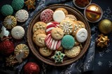 top view of an assortment of christmas cookies placed on countertop