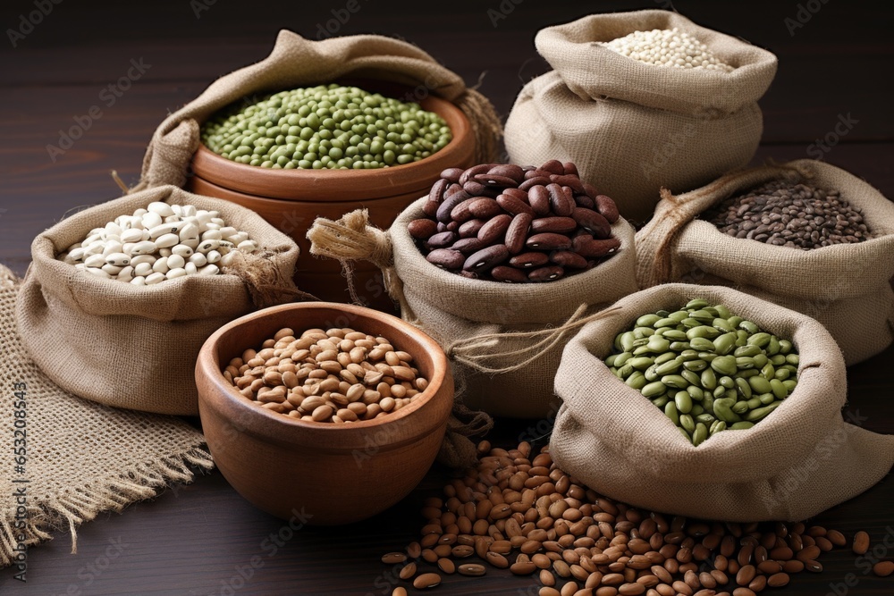 various types of beans in small burlap sacks