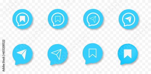 Social media icon set in blue color speech bubble with shadow. Share, send, favorites, bookmarks, save symbol set on transparent background.