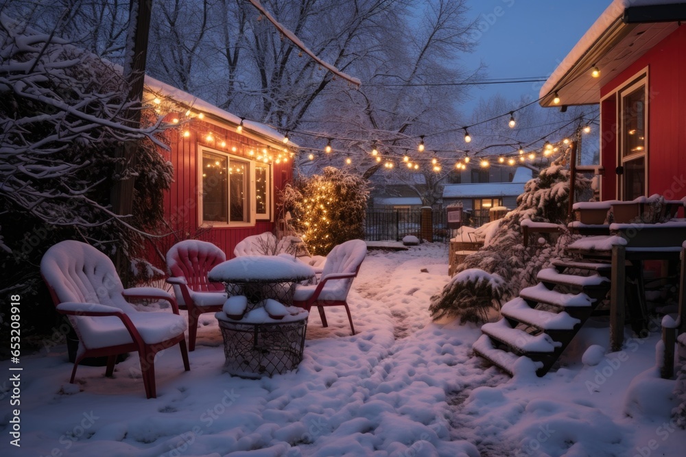 snow-covered backyard lit by string lights at night