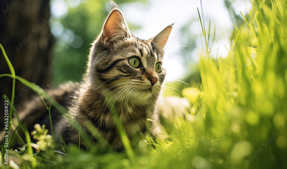 Indoor cat sitting in the grass, gone hunting. Domestic pets concept. Indoor cat sitting in the grass, gone hunting. Domestic pets concept.