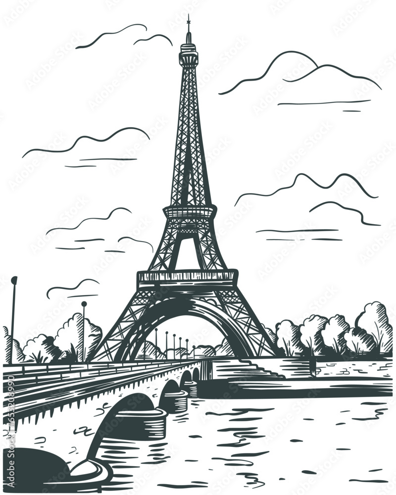 Eiffel Tower in Paris, France. Tower, bridge and water. Hand drawn retro style landmark. Travel ink sketch. Vintage travel card, poster or book illustration, vector