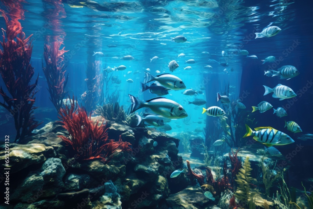 Naklejka premium different types of fishes swimming together in an aquarium