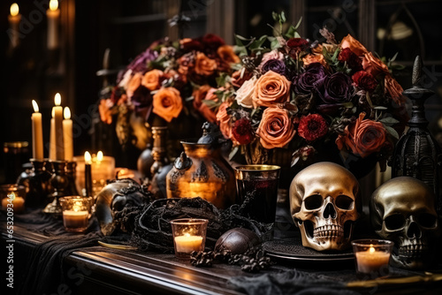 Mysterious Halloween table setup with creepy decorations and candlelight 