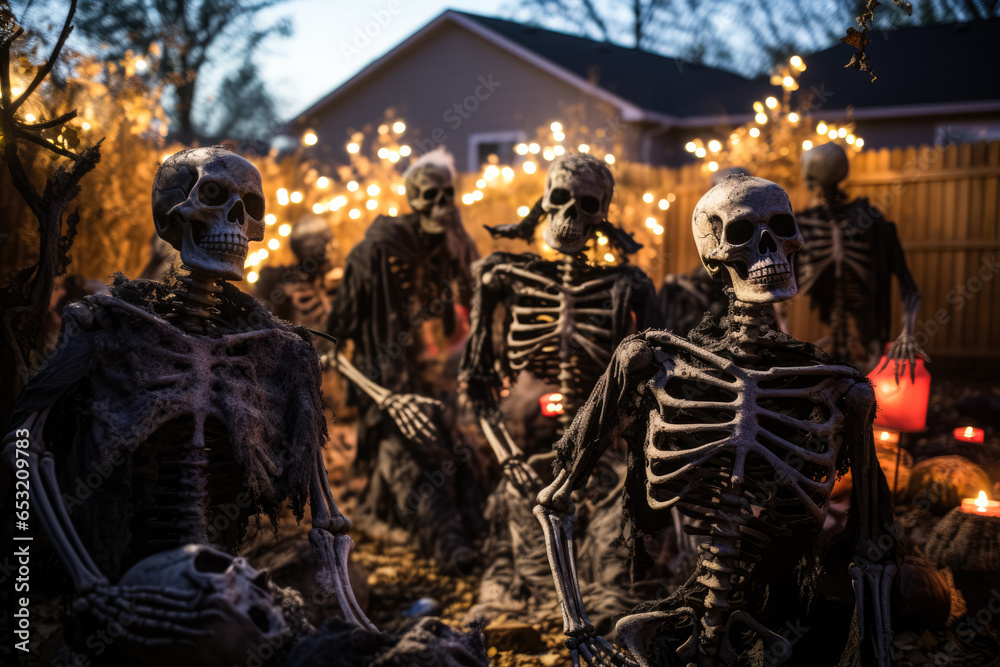 DIY tombstones and skeletal figures haunting a dimly lit yard 