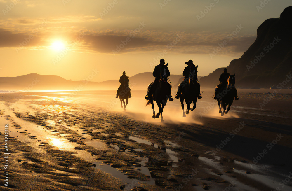 People horse riding on the beach - obrazy, fototapety, plakaty 