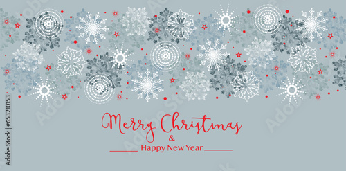 Christmas background, banner or greeting card with snowflakes and stars in light blue and red colors. Vector illustration