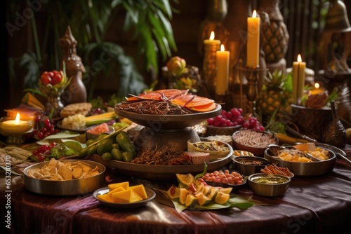 exotic food presentation on a round table set for business guests
