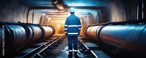 A worker examines pipeline in underground tunnel