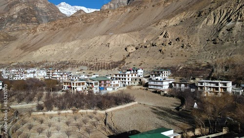aerial footage from tabo village in spiti valley himachal pradesh India travel holiday destination  photo