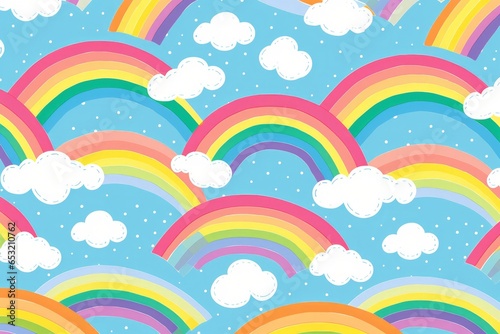Cute rainbow on pattern background. Generative AI © itchaznong