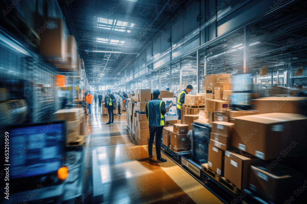 Busy rush workflow of hardware store employees. Group of workers working in large warehouse, shipping goods, prepare cardboard boxes for freight. International export business, and storehouse workflow