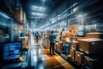Busy rush workflow of hardware store employees. Group of workers working in large warehouse, shipping goods, prepare cardboard boxes for freight. International export business, and storehouse workflow