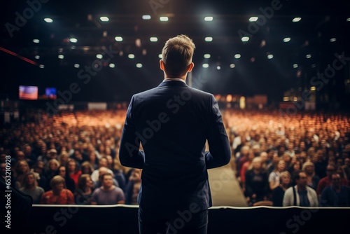 Motivational speaker with headset performing on stage, back view generative ai © gilangedo