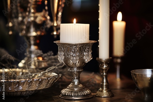 close view of white candles and a silver candle holder