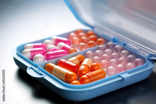 close-up of pill organizer filled with medication