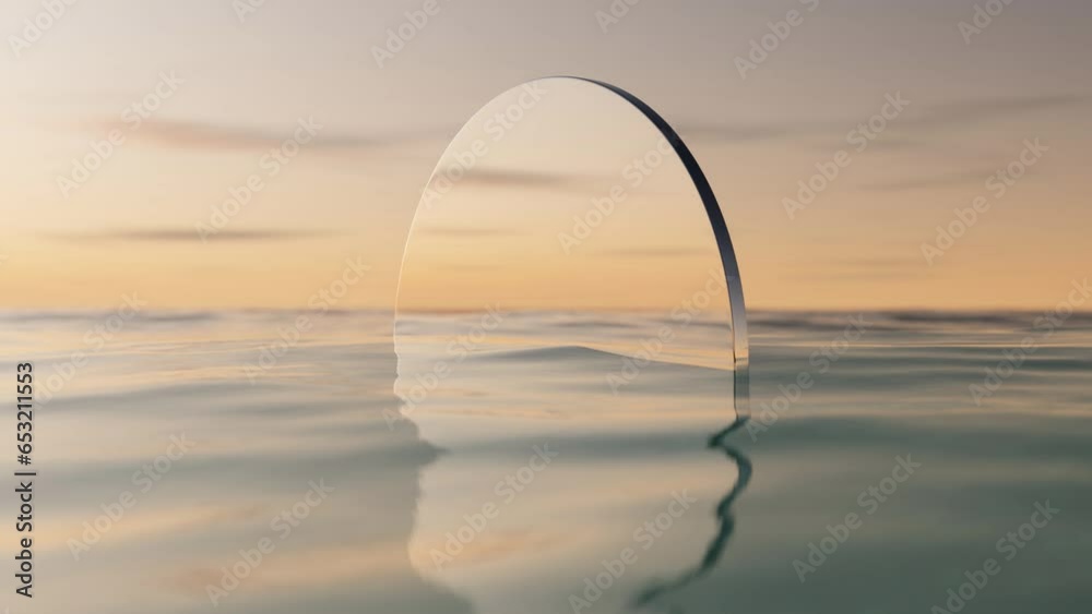 Wave sea beach and round mirror on sunset sky abstract background. Nature and summer concept. 3d render.