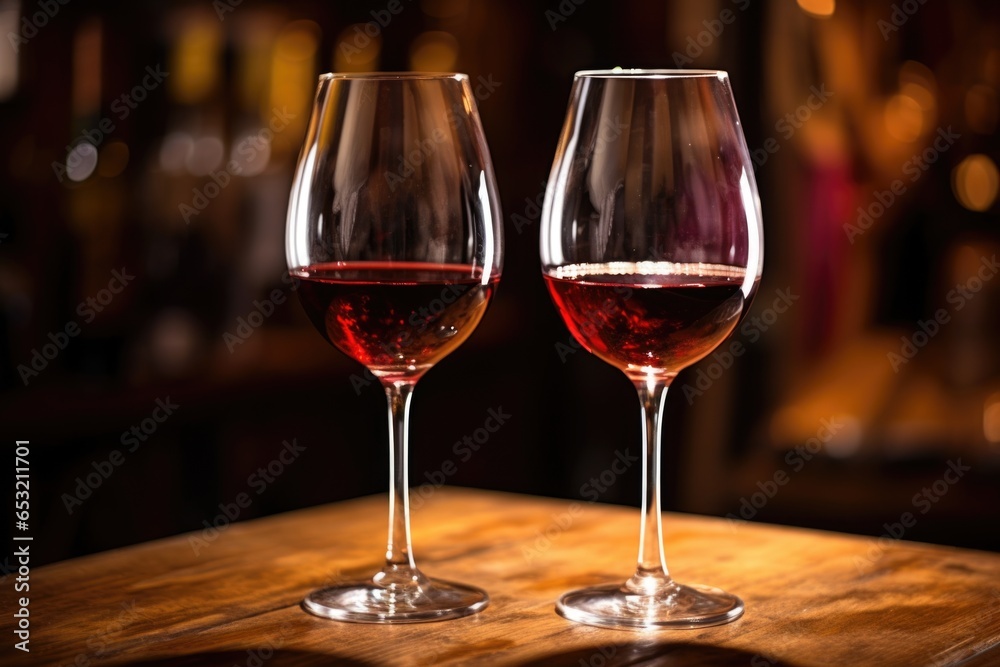 two fancy wine glasses filled with premium wine next to each other two fancy wine glasses filled with premium wine next to each other