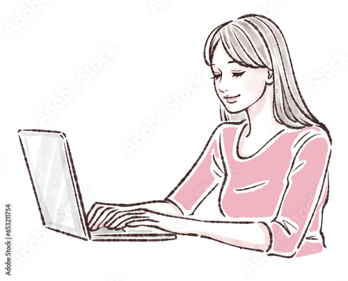 仕事,ビジネス,OL,会社員,パソコン,ノートパソコン,仕事をする女性,リモートワーク,在宅,ミーティング,デスクワーク,ノートパソコンで仕事をする女性,オフィス,作業,忙しい,多忙,集中,勉強,女性のイラスト素材