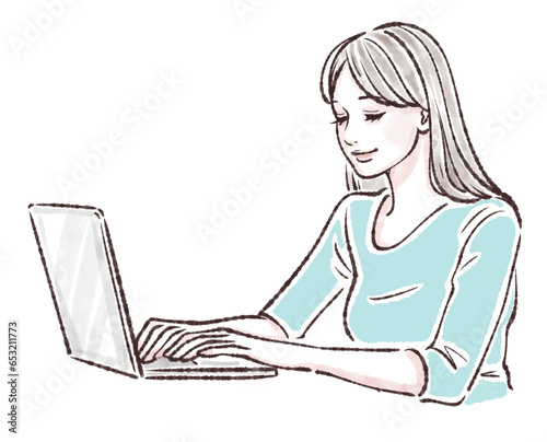 仕事,ビジネス,OL,会社員,パソコン,ノートパソコン,仕事をする女性,リモートワーク,在宅,ミーティング,デスクワーク,ノートパソコンで仕事をする女性,オフィス,作業,忙しい,多忙,集中,勉強,女性のイラスト素材