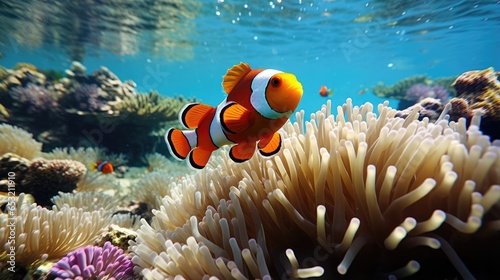 Clownfish entertain amid anemones split-view radiates with island with beach and palmss lush tropical allure 