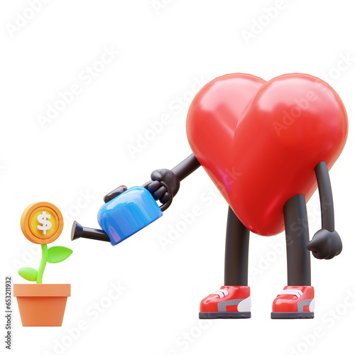 groovy vintage 3d heart character with pot watering money tree. mascot 3d illustration