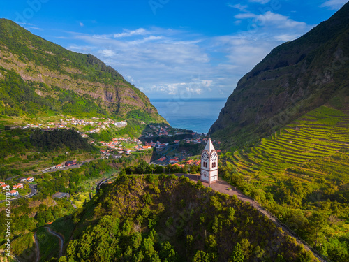 Aerial view of Capelinha de Nossa Senhora de Fatima at sunrise, Sao Vicente, Madeira, Portugal, Atlantic photo