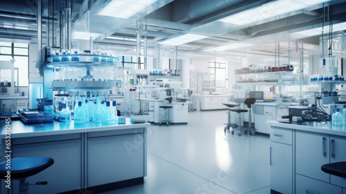 The interior of a modern biological laboratory. Equipment and furniture in the room for scientific research.