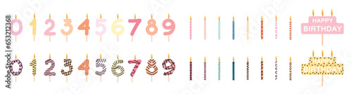 Big set of colorful birthday candles isolated on white background. Birthday candles in the shape of numbers. Burning colorful candles with decoration in flat style. Design elements for party, cards