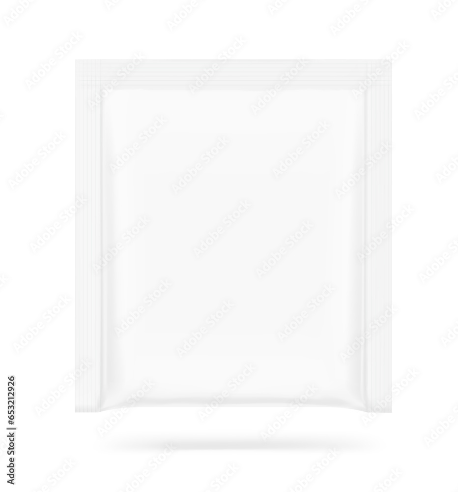 Sachet mockup with drop shadow. Hyper realistic. Vector illustration isolated on white background. Flat lay view. Packaging for cosmetic, food, pet. Ready for your design. EPS10. Sachet mockup with drop shadow. Hyper realistic. Vector illustration isolated on white background. Flat lay view. Packaging for cosmetic, food, pet. Ready for your design. EPS10.