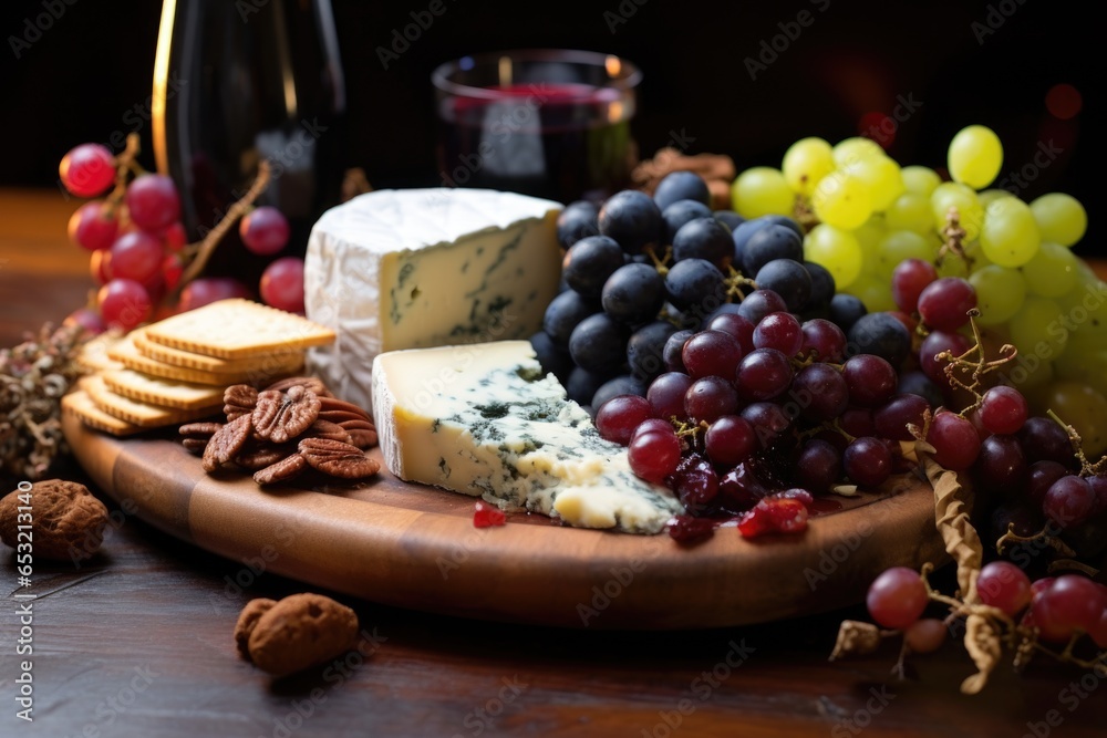 a cheese board with grapes, blueberries, and cranberry sauce