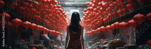 chinese new year,a woman walks through an asian market,chinese food,chinese background