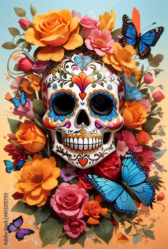 A Mexican sugar skull with flowers butterflies.