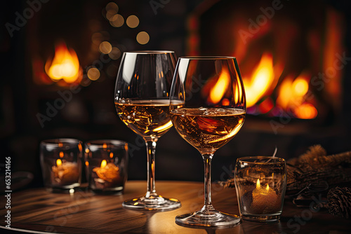 Two glasses of red wine with fireplace on background in cozy warm holiday atmosphere