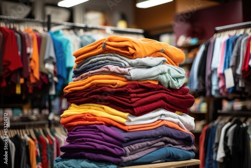stacks of discounted apparel on a retail rack