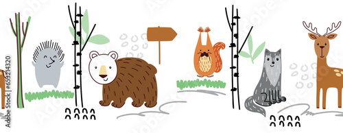 Vector forest wildlife seamless border with animals. Cute cartoon characters.