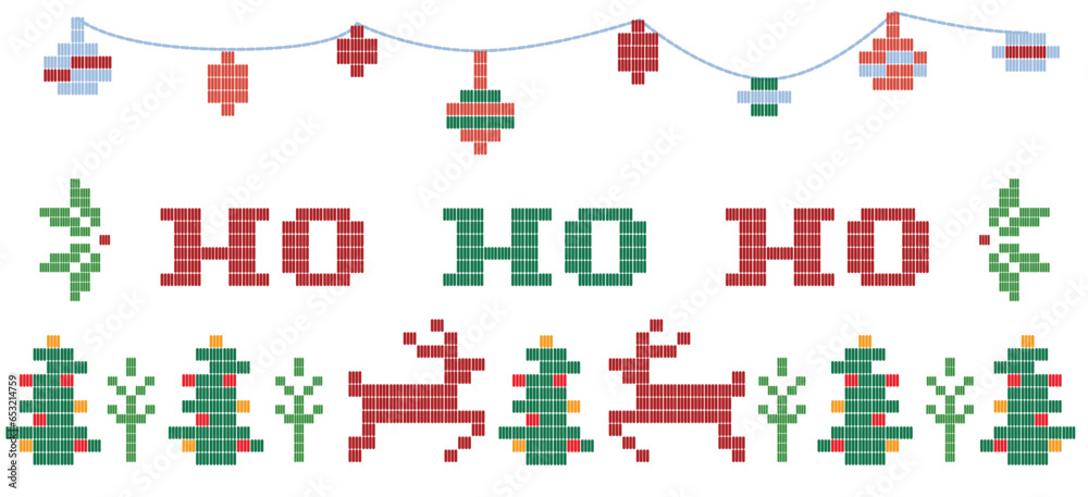 Motif Christmas ethnic handmade beautiful Ikat art. Xmas background. folk embroidery Christmas pattern, Ikat art ornament print. red, green baubles garland. Reindeer, Christmas Tree, poinsettia design