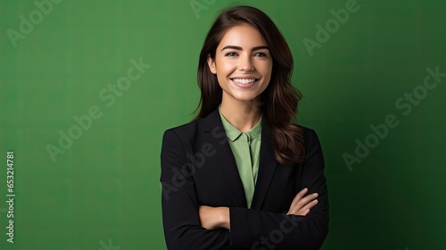 Smiling woman in black blazer with crossed arms on green background. photo