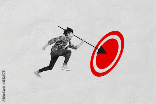 Composite creative photo abstract collage of crazy motivated man screaming hold arrow get in bullseye isolated gray color background