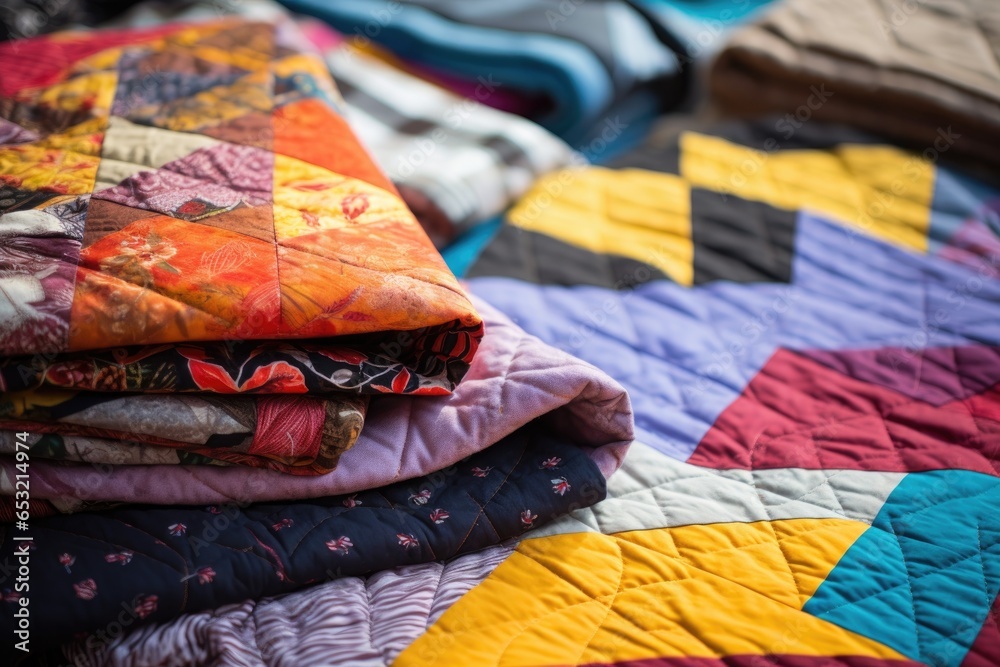 a close-up of handmade quilts for the homeless - obrazy, fototapety, plakaty 
