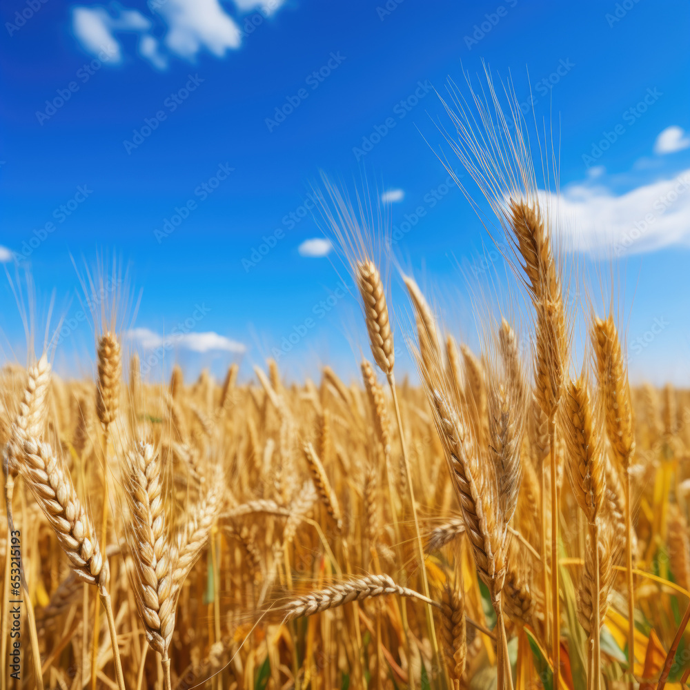 Fototapeta premium Golden ears of wheat against the blue sky and clouds. Harvest of ripe wheat against the blue sky. Field of wheat, agriculture background