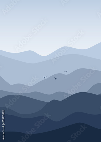 Aesthetic minimalist blue mountains with flock landscape illustration