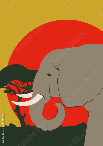 Aesthetic poster with elephant in savannah illustration. Colorful sunset on African continent