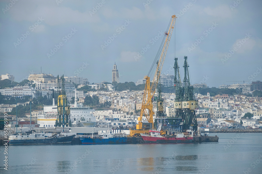 Panoramic view from the sea of the port of Tunis and its coastal city, Morocco