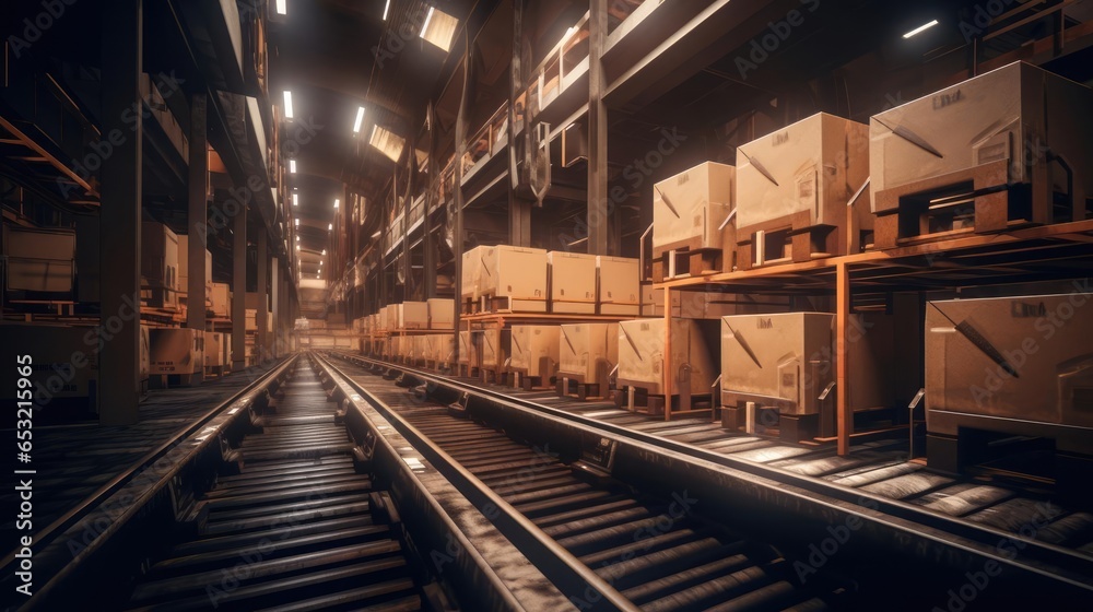 Conveyor belt with cardboard boxes