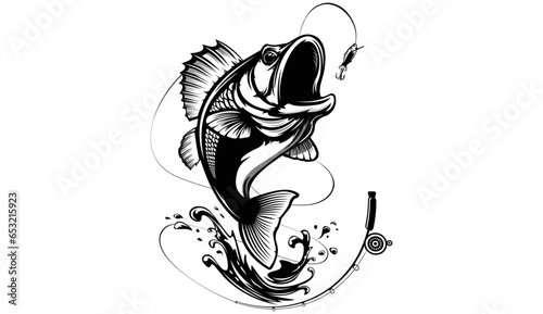 Fishing bass logo. Bass fish with rod club emblem. Fishing theme illustration. Fish Isolated on white.